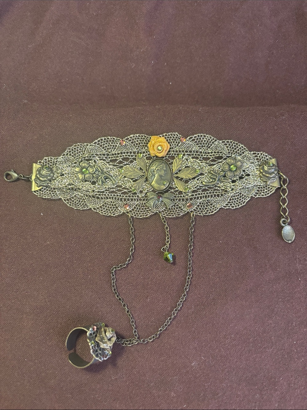 Antique Bronze Floral Filigree Bracelet with Ring Connector